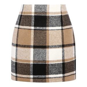 NWT IDEALSANXUN Womens High Waisted Plaid Mini Wool Skirt Brown